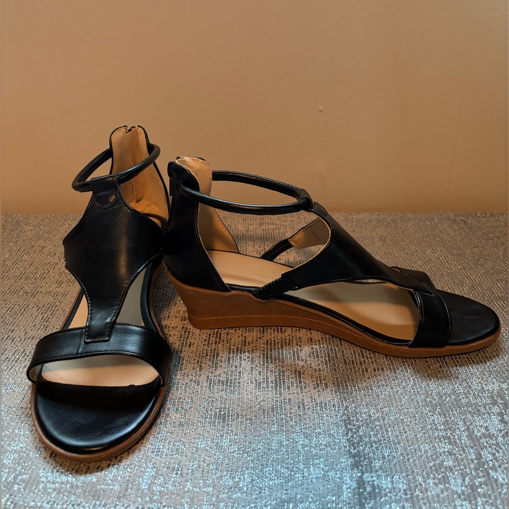 Elegant Black Leather Wedge Sandals